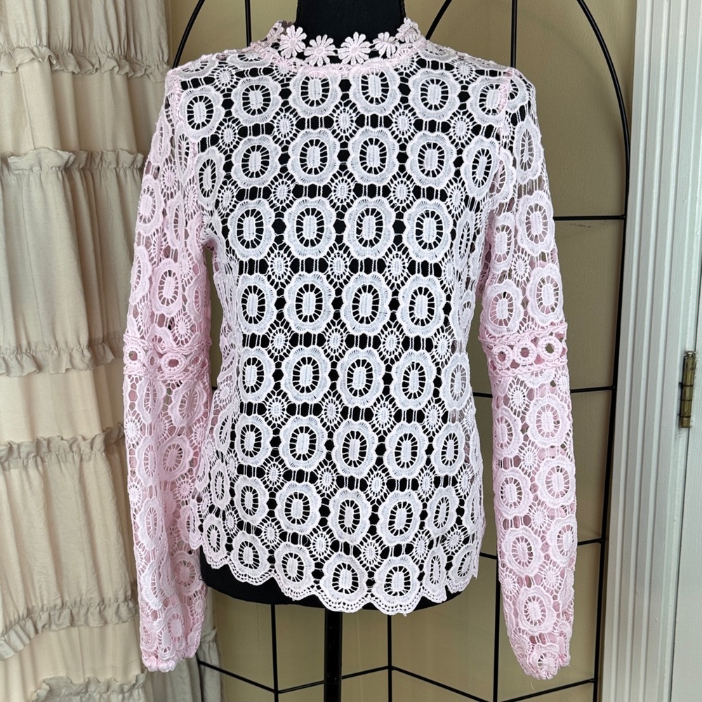 Aqua Soft Pink Lace Floral Blouse Long Sleeves Top Shirt Blouse Size S
